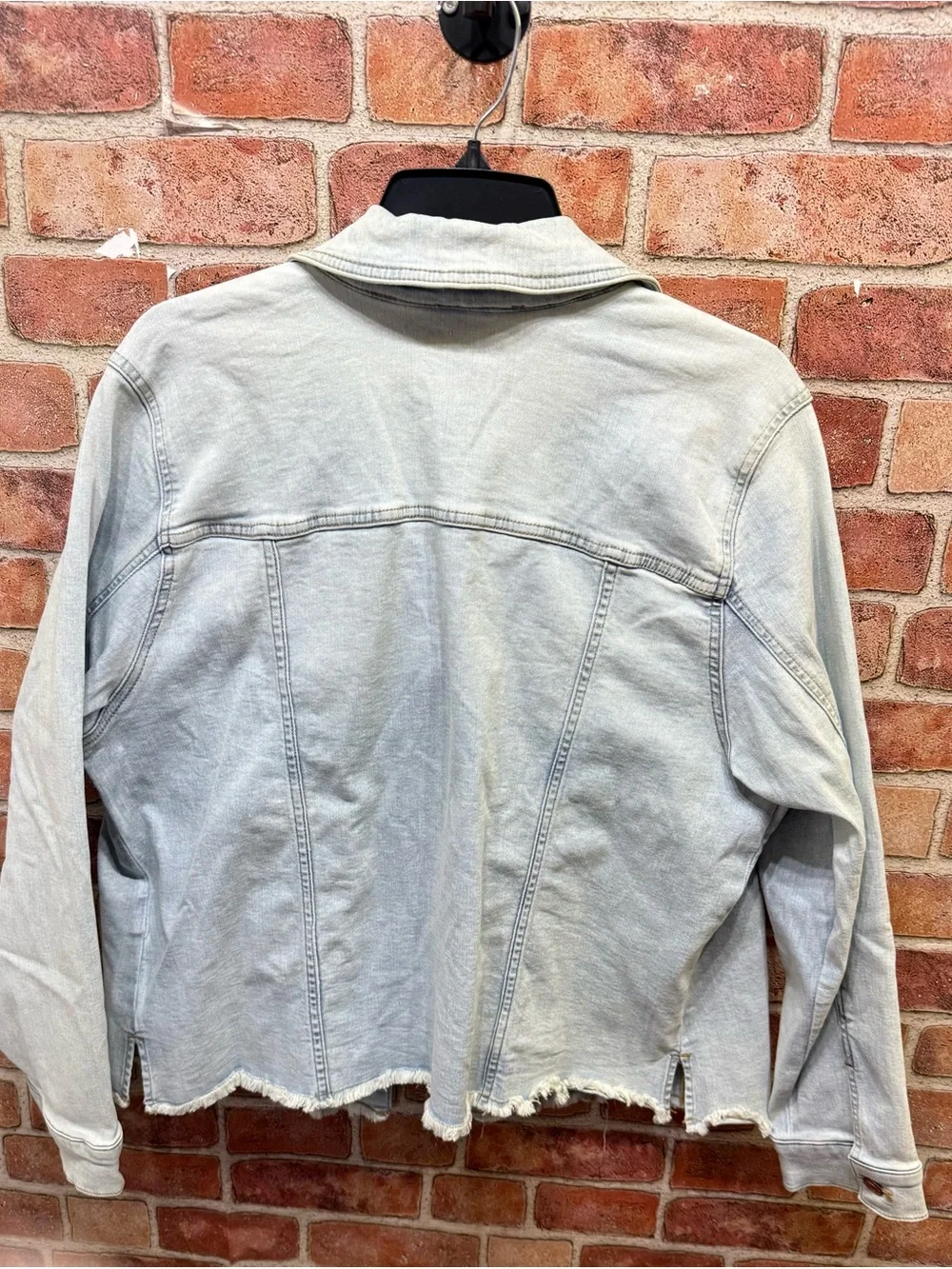 Light Wash Denim stretch trucker western Jacket with Frayed Hem - Women